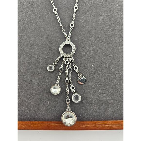 Silver Tone Starburst Crystal Pendant Necklace Long Chain Gem Sparkle Glitz - Picture 2 of 4